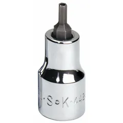 This security hex bit socket features a 9/64 in SAE tip size and a 3/8 in drive. Designed for driving security hex fasteners in tamper-resistant applications, it includes a replaceable insert for extended service life.