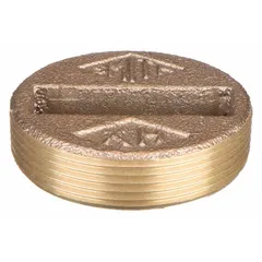 This cast bronze cleanout plug is designed for use in floor cleanout assemblies, providing a corrosion-resistant closure. It has a 2-inch overall diameter and 1-inch overall height, with a bronze finish. The plug seals the access opening, allowing maintenance access to drain lines while preventing debris ingress.