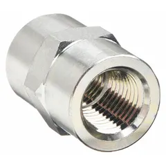 Rigid, straight steel adapter with female NPTF threads on both ends. Used to connect two female NPTF ports in hydraulic systems, providing a leak-resistant joint in high-pressure fluid power circuits.