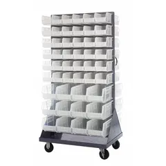 This vertical mobile louvered rack includes 96 clear bins for organized storage of small parts and components. The rack measures 36 x 24 x 72 inches and is finished in gray. It comes with 72 bins (5-1/2 in width, 10-7/8 in depth, 5 in height) and 24 QUS240CL bins, mounted on two rigid casters for repositioning in warehouses, workshops, or assembly areas.