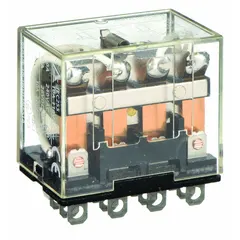 Socket-mounted plug-in relay with square base and flat pins. 4PDT contact arrangement rated 10 A, coil voltage 24V DC. Operating current 7.5 A at 110V AC for inductive loads. Suitable for switching industrial loads in control panels, automation systems, and machinery.