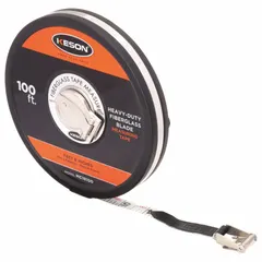 Manual closed-reel long tape measure with a 100 ft fiberglass blade, single-sided SAE graduations in 1/8 in increments. Features a stainless steel, nonmagnetic single hook at the hook end. Suitable for measuring distances in construction, industrial, and surveying applications where a non-conductive blade is required.