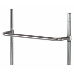 Stainless steel push handle designed for wire shelving systems. Provides a gripping surface for maneuvering shelving units in storage areas. Measures 24 in x 1 in x 1 in.
