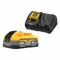 This battery kit includes one 20V MAX* 5 Ah battery and a charger, designed to power cordless tools such as drills, saws, and impact drivers. The 5 Ah capacity supports extended work sessions, making it suitable for construction, woodworking, and maintenance tasks requiring portability and runtime.