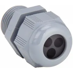 Straight plastic multi-cable grip with gray nylon body, 3/4 in MNPT box connection, and capacity for three cords ranging from 0.23 in to 0.29 in diameter. Used to route and secure multiple cables through a single opening in junction boxes, control panels, or machinery enclosures.