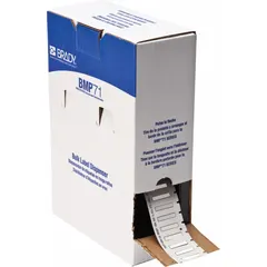 Polyolefin white matte precut sleeve label roll measuring 1 in x 3/16 in, designed for wire gauges 20 AWG to 24 AWG. Compatible with the M710 printer series for on-demand wire identification in industrial settings. Used for marking cables to support maintenance, troubleshooting, and compliance tasks.