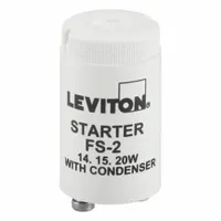 FS-2 type fluorescent lamp starter for initiating arc in lighting fixtures. Supports lamps up to 20 W with 2-pin configuration. Suitable for use in commercial and industrial overhead fluorescent lighting systems