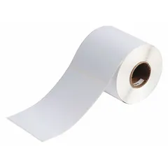 Acrylic label roll with permanent adhesive, precut to 6 3/32 in x 4 1/8 in. Inkjet print-receptive material for on-demand printing. Contains 200 labels per roll. Compatible with BradyJET J2000 printer series. Used for industrial identification, asset labeling, cable marking, and facility signage.