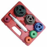This 8-piece plastic bearing race and seal driver kit includes a handle grip and six driver sizes: 1.555, 2.322, 1.752, 2.992, 1.968, and 2.559 inches. Used for installing bearing races and seals in wheel hubs during vehicle and equipment maintenance