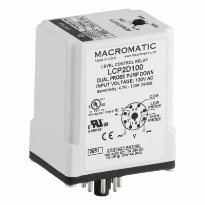 MACROMATIC Level Control Relay: Socket Mounted, Dual Probe, 10 A Current Rating, 120V AC - Socket-Mounted Relays