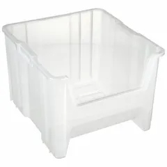 This stationary plastic bin from QUANTUM STORAGE SYSTEMS measures 16 1/2 in x 12 1/2 in and is clear for easy content visibility. Its stacking-capable design allows vertical organization in warehouses, workshops, and assembly lines.