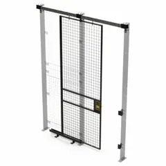 This slide door is a component of the Husky Rack & Wire quick-assemble woven-wire partition system. It is constructed from steel with a black powder-coated finish and measures 8 ft high by 3 ft wide by 1 3/4 in deep. The door provides controlled access to enclosed storage areas in warehouses and industrial facilities.