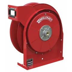 Compact spring-return hose reel for air or water service. Features a 25 ft hose capacity with 3/8 in I.D., 500 psi maximum operating pressure, and a brass swivel. Red painted finish. Overall dimensions: 12-5/8 in L x 5-5/8 in W x 12-7/8 in H.