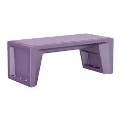 Floor-mounted polyethylene bench with two seats and an 18-inch seat height. Indigo color. No arms. Suitable for indoor or covered outdoor waiting areas, break rooms, and lobbies.