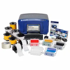 Multi-color standalone desktop printer with Bluetooth connectivity for mobile device or PC connection. Includes red ribbon cartridge, power cord, and Brady Workstation Safety and Facility Identification Software Suite. Used for on-demand label creation in industrial identification, safety signage, and facility labeling applications.