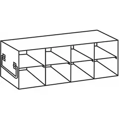 This stainless steel freezer rack is designed for organizing items in cold storage environments. It includes handles for easy access and measures 22 inches in overall length and 5 1/2 inches in overall width. Suitable for use in freezers to maximize space and maintain order.