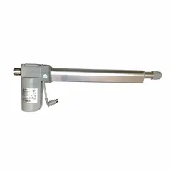 This metal actuator is designed for height adjustment in NOA Elite Riser healthcare beds. It replaces manufacturer part number 1050008 and is finished in silver. Typical application includes raising and lowering bed platforms in medical facilities.