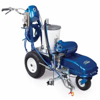 The GRACO ES 1000 is a battery-powered airless line striper designed for marking pavement and turf surfaces. It paints lines with adjustable widths from 2 inches to 12 inches, suitable for parking lots, athletic fields, and other outdoor areas requiring cordless operation