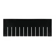 This plastic divider is designed for use with standard divider boxes to create smaller compartments for organizing small parts, fasteners, and components. It fits bins with a 9 1/8 in width on the long side and is not electrostatic discharge conductive. Compatible with manufacturer model number 33166.