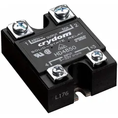 Panel-mounted solid state relay with SCR output for switching AC loads. Form A (SPST-NO) configuration, 12 mA input current, 48 to 530V AC output range, 50 A maximum output current (12 A without heat sink). Screw clamp electrical connection. Suitable for industrial automation, HVAC, and process control applications requiring silent, high-cycle switching.