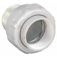 Iron straight union for connecting conduit to a box. Electroplated finish. 5 in FNPT x 5 in MNPT threaded ends. Used in conduit-to-box connections in electrical systems.