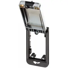 This 1-way mounting frame with cover is designed for use with Modlink MSDD Panel Interface Inserts. The black nylon housing and gray ABS lid provide an IP65-rated sealed enclosure for industrial panel interface connections.