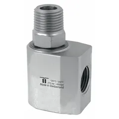 This MOSMATIC rotary union is a nickel-plated C38500 brass elbow with a single passage and a 1/2 in threaded rotating shaft. It is rated for a maximum speed of 30 RPM. Typical applications include transferring fluid or air from a stationary supply line into rotating machinery such as packaging, printing, and material handling equipment.