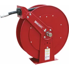 Dual-arm spring-return hose reel for oil transfer in lubrication systems. Red finish, 100 ft capacity for 1/2 in I.D. hose, 3,000 psi max operating pressure. Nickel-plated steel swivel, 1/2 in MNPT hose end. Dimensions: 24 in L x 10-1/2 in W x 25-3/8 in H.