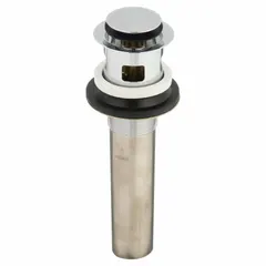 Brass sink drain with chrome finish and push-to-open stopper. Includes push pop-up drain. Overall height 6 3/4 in, diameter 2 1/8 in, drain height 2 in. Slip joint connection. No overflow. For lavatory sinks without overflow.