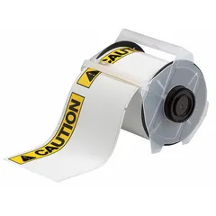 This Brady precut label roll features a CAUTION header and is made of white polyester. Each label measures 4 in x 6 in, supplied on a 6 1/4 in x 50 ft roll. Designed for use with the GlobalMark printer series, these labels are suitable for industrial safety labeling and facility identification applications.
