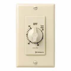 Spring-wound mechanical timer with a maximum 1-hour duration. Single-pole single-throw (SPST) switch rated for 120/277V AC. Ivory finish. No wall plate included. No hold feature. Used for timed on/off control of lights, fans, or other electrical loads in residential or commercial settings.