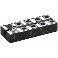 This IO-Link hub provides 16 digital inputs and 8 output ports via 5-pole A-coded M12 female connectors. It operates at 24V DC with COM3 communication (230.4 kbit/s) and is rated IP68 for use in harsh industrial environments. Suitable for decentralized connection of sensors and actuators to an IO-Link master.
