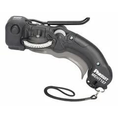Manual embossing label printer for stainless steel tape, producing 3/16 in characters from A-Z. Features a built-in cable tie slot punch for secure attachment without adhesives. Suitable for industrial identification of cables, pipes, and equipment in harsh environments.