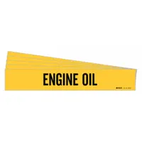 Yellow adhesive pipe marker with black 'Engine Oil' legend, no arrows. Fits pipe outer diameters from 2-1/2 to 7-7/8 inches. Supplied as a 5-pack with one marker per pack. Used for identifying engine oil lines in piping systems