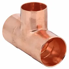 Wrot copper tee fitting with cup x cup x cup connections for sweat/solder installation. Connects 1/2 in CTS x 1/2 in CTS x 1/4 in CTS copper tube branches. Used in plumbing and HVAC systems for joining three lines.