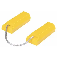 Yellow urethane aircraft wheel chock, supplied as a pair. Overall dimensions: 14-1/2 in length, 4-1/2 in width, 5-1/2 in height. Used to secure aircraft during ground operations, maintenance, and storage.