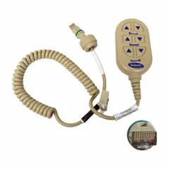 This plastic pendant is a replacement control for Invacare healthcare beds, compatible with models IH820DLX and SC900DLX. It allows patients or caregivers to adjust bed functions such as positioning and comfort settings. The beige color matches standard hospital decor.