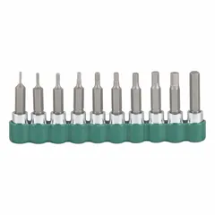 This 25-piece hex bit socket set features a 1/4 in drive and includes 10 SAE sizes ranging from 1/16 in to 1/4 in. The set is used for driving hex fasteners in applications such as automotive repair, machinery assembly, and general maintenance. It includes a replaceable insert for extended service.