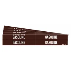 These adhesive pipe markers identify pipes carrying gasoline. The brown background with white legend text provides clear identification for flammable liquids. Each marker fits pipe outer diameters from 3/4 to 2-3/8 inches. Pack includes 4 markers without directional arrows, supplied in a 5-pack configuration.