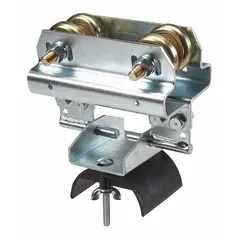 Steel intermediate trolley for festoon systems, compatible with flat cable and I-beam size S3 x 5.7. Includes four steel ball bearing wheels. Overall length 5.5 in. Used to support and guide festoon cables along overhead tracks in material handling applications.