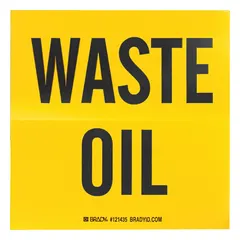 Yellow vinyl label with 'Waste Oil' message, 6 in x 6 in. Used for identifying containers holding waste oil. Supplied in packs of 100.