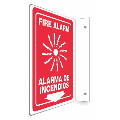 CONDOR Safety Sign: PETG, Mounting Holes Sign Mounting, 12 in x 9 in Nominal Sign Size - L-Shape Projection Fire Alarm/Alarma De Incendios Signs