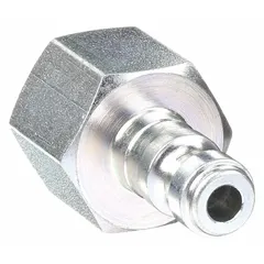 Steel quick-connect air coupling plug with 1/4" body size, 3/8" FNPT connection, and 3/8"-18 thread. Features a sleeve locking type for secure attachment. Used in compressed air systems for connecting hoses and tools in automotive and industrial settings.