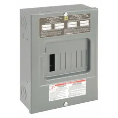 This main lug load center is rated for 100 A at 120/240 V AC, 1-phase, with a 10 kA short circuit current rating. It provides 8 spaces for branch circuits and supports up to 8 tandem breakers. The enclosure includes a surface cover and is intended for indoor use.