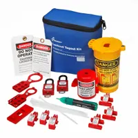 Portable lockout/tagout kit for isolating electrical and valve energy sources during maintenance. Includes (2) 1.5 in shackle red safety padlocks (keyed different), (4) gate valve lockout devices with lockout hasps, and (1) circuit breaker lockout device. Supplied in a filled nylon bag with belt loop strap, dimensions 4 in D x 8 in W x 8 in H