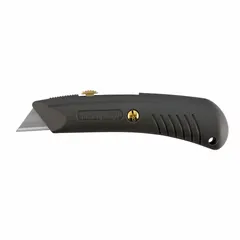 This retracting utility knife features a carbon steel standard tip and a textured metal handle for secure grip. The screw-type blade retention mechanism allows easy blade changes. With a 6-inch overall length, it is suited for cutting cardboard, plastic strapping, drywall, and packaging materials in warehouses and construction sites.