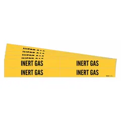 Yellow adhesive pipe markers with black legend text reading 'Inert Gas'. Each pack contains 5 sets of 4 markers, fitting pipe outer diameters from 3/4 to 2-3/8 inches. Markers are supplied without arrows, suitable for identifying inert gas lines in industrial piping systems.