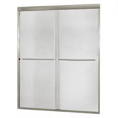 This double-sliding shower door is designed for bathtub and shower enclosures. It features rain tempered glass and a brushed nickel frame finish. The door accommodates openings with a minimum width of 42 inches and a maximum width of 46 inches, with an overall height of 70 inches.
