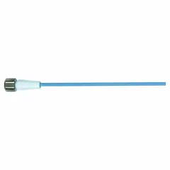 Single-ended cordset with a blue TPE-S jacket, M12 female straight connector on one end and bare wire on the other. 4 pins, 10 m cable length, 0.34 sq mm wire size, rated 4 A at IP66. Suitable for sensor and actuator connections in washdown environments requiring resistance to chemicals and moisture.