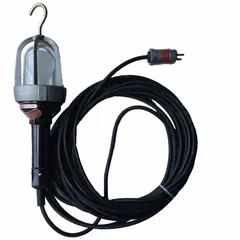 This LED hand lamp delivers 800 lumens maximum brightness from a 9 W LED source, powered by 120V AC. It features a 50 ft power cord and is designed for use in hazardous locations where safety-rated portable lighting is required. The lamp has no built-in switch.